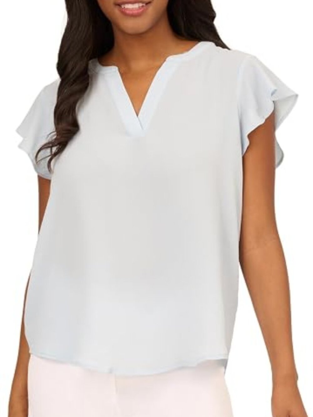Adrianna Papell Snow Globe Short Sleeve Ruffle Popover Blouse M NWT